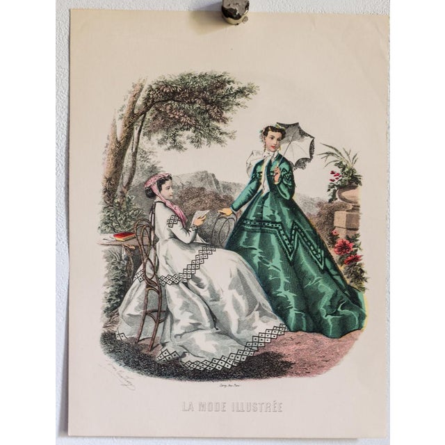 Mid 19th Century Lot of 5 Antique French Fashion Plates L La Mode Illustrée 1870s L Signed Anaïs Toudouze, Hand Colored Bustle Dresses, 9x12" Each For Sale - Image 5 of 17