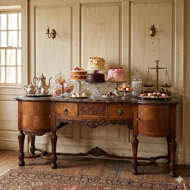 Dimensions: 85"w x 36.5"h x 20-23.5" deep shaped. This masterpiece boasting with history, a curated furnishing from the...