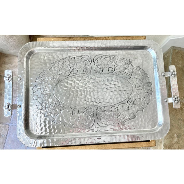 Circa 1930/1940 Striking Ivy & Vine Riveted Handle Hand-Forged Aluminum Tray For Sale - Image 12 of 13
