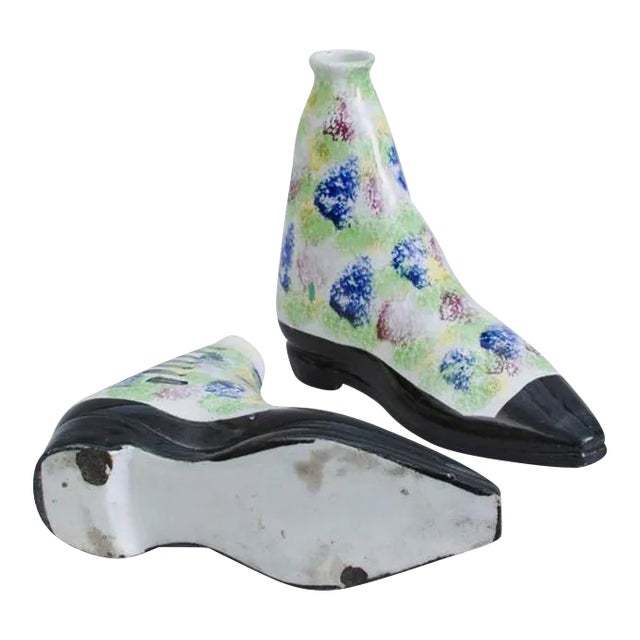Scottish Pottery Pearlware Sponged Spirit Flasks Modeled in Form of Boots - a Pair For Sale