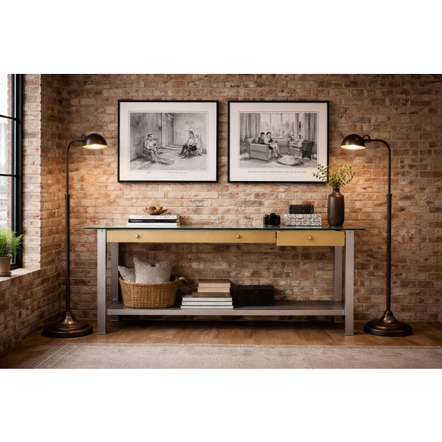 Modern Late 20th Century Adjustable Brass Crane Arm Floor Lamps — Directional Swivel Heads, Height-Adjustable Columns (54”) - a Pair For Sale - Image 3 of 9