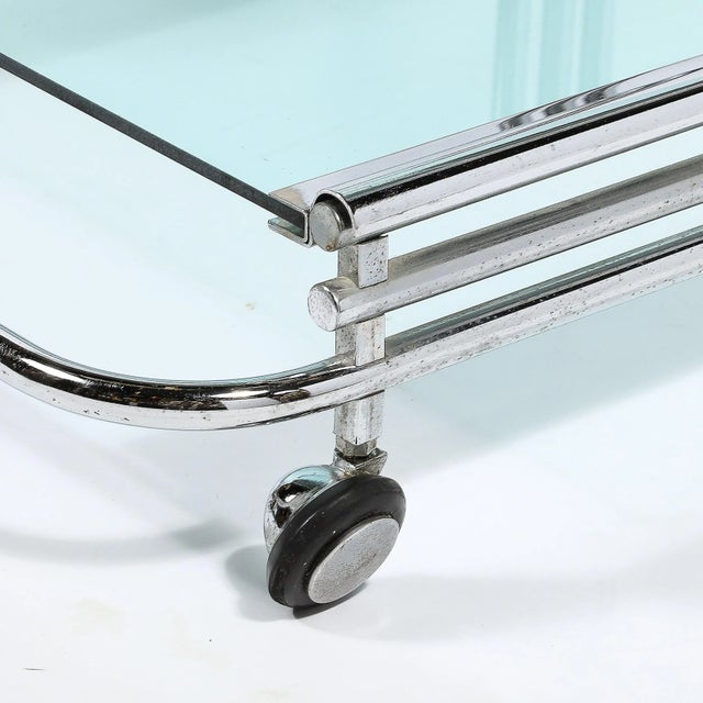 Art Deco Streamline Three Tier Chrome & Glass Bar Cart W/ Removable Trays For Sale - Image 4 of 12