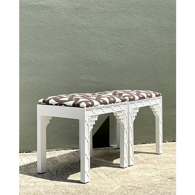 Wood Vintage White and Brown Fretwork Upholstered Stools - A Pair For Sale - Image 7 of 12