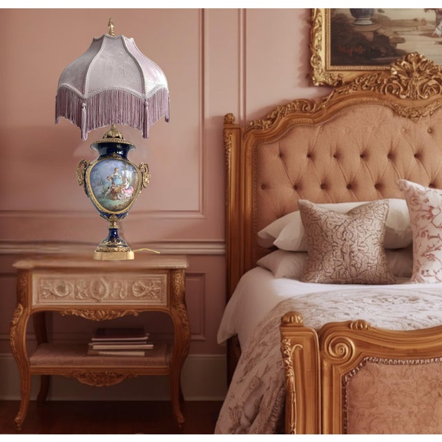 Antique Sevres Style Bronze Ormolu Têtes De Satyres Cobalt Blue Porcelain Table Lamp For Sale - Image 13 of 18