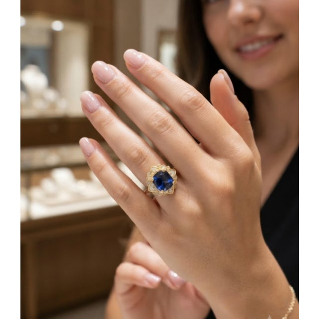 Metal Natural Blue Sapphire 3.60cts & Diamond 0.20cts Ring in 18k Gold For Sale - Image 7 of 8