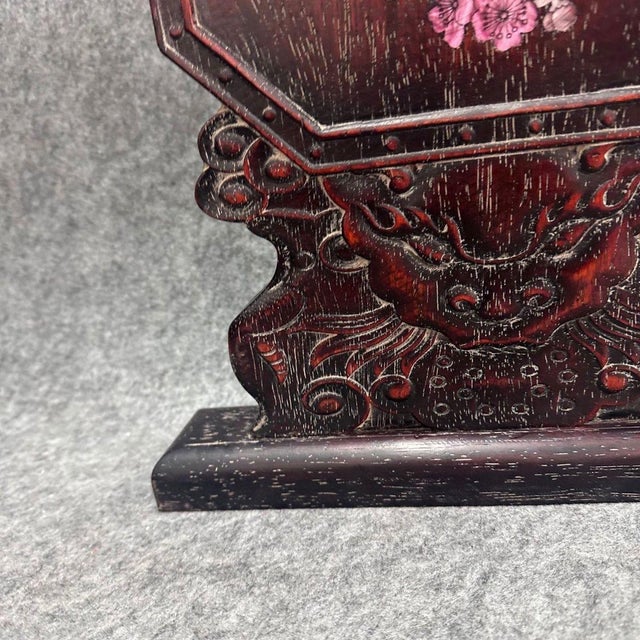 Wood Vintage Chinese Rosewood Table Screen With Mother of Pearl Inlay – Magpie & Plum Blossom Motif For Sale - Image 7 of 9