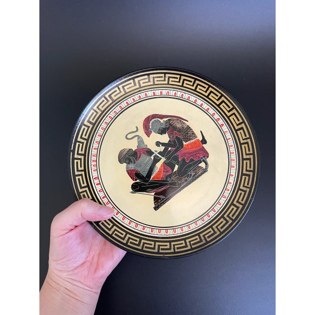 Greek Handpainted Trojan War Black Figure Pottery Plate - Achilles Tending Patroclus For Sale - Image 4 of 9