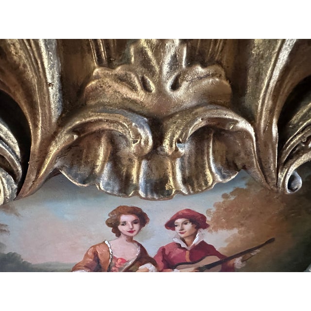 Vintage Rococo Gilt Wood Wall Mirror With Painted Pastoral Scene For Sale - Image 10 of 13