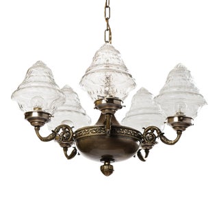 1940s Spanish Brass Chandelier With Glass Shades For Sale