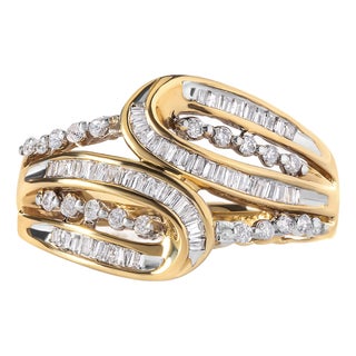 10K Yellow Gold 1/2 Cttw Round and Baguette cut Diamond Open Space Bypass Ring (H-I Color, SI2-I1 Clarity) - Ring Size 7 For Sale