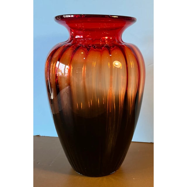 Murano Lart Fluted Art Glass Vase Brown Orange Red Ombre For Sale - Image 4 of 12