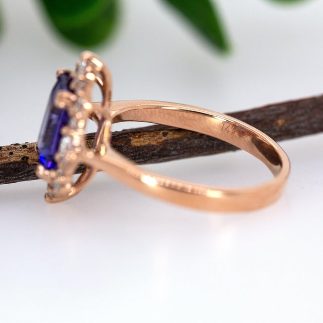 Metal 8x6mm, 1.6cts Tanzanite Ring W Earth Mined Diamond Halo in Solid 14k Rose Gold, Size 6.75 For Sale - Image 7 of 7