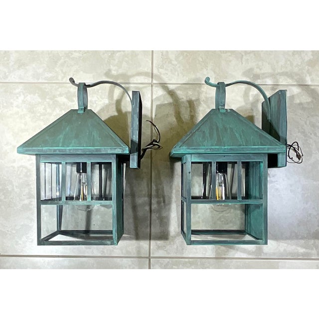 Pair of Vintage Solid Brass Outdoor Lanterns – Arts & Crafts Mission Style For Sale - Image 10 of 13