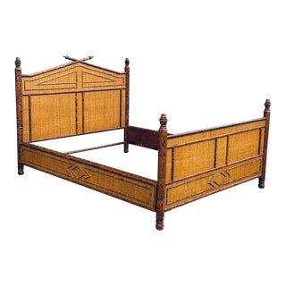 1980s British Colonial Style Vintage Faux Bamboo Rattan Queen Size Bed Frame in Faux Tortoise For Sale