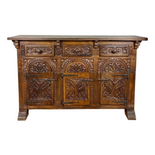 Spanish Carved Oak Sideboard Cabinet with Three Doors and Drawers, 1860s For Sale