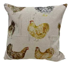 16" Square Pillow Adorned With a Bevy of Colorful Chickens - Made in Uk.