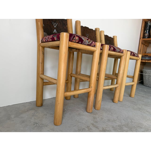 Mid-Century Modern Vintage Rustic Southwestern Log Bar Stools With Metal Eagle Backrests – Set of 3 For Sale - Image 3 of 12