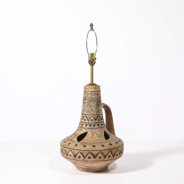 1950s Mid-Century Ceramic Table Lamp W/ Geometric Umber Motifs & Organic Cutout Detail For Sale - Image 5 of 14