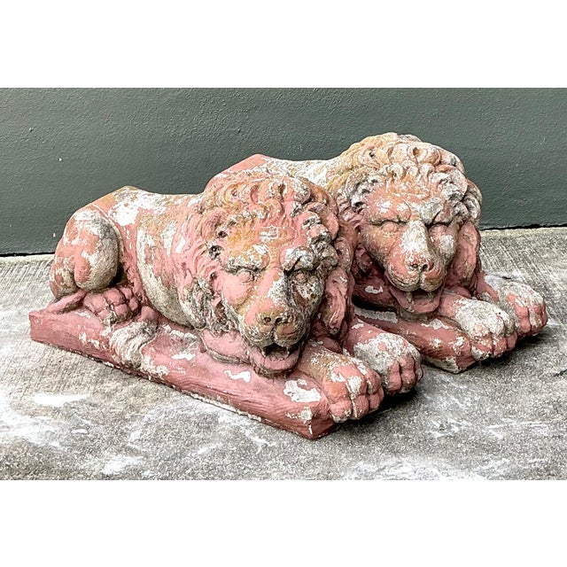 Sculpture Materials Vintage Cast Cement Garden Lion Figures - Pair For Sale - Image 7 of 12