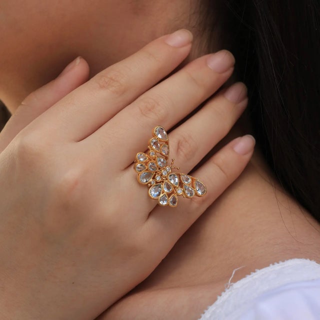 Nina Zhou Butterfly Aquamarine Diamond Cocktail Ring in 14k Yellow Gold, size 9.5 For Sale - Image 11 of 11