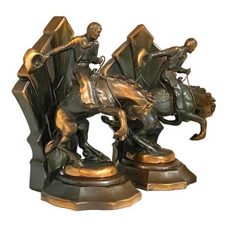 Antique Art Deco Fan Cowboy Bucking Bronco Rattlesnake Bookends Bronze Patina Ala Remington For Sale
