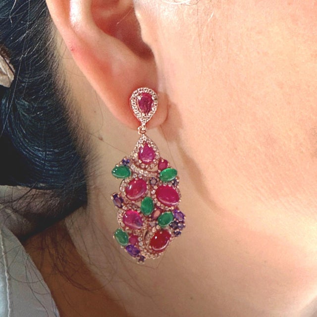 Metal Bochic “Orient” Ruby, Green Agate & Amethyst Earrings Set In 18K Gold & Silver For Sale - Image 7 of 12