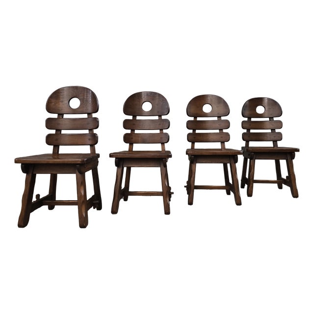 Brutalist Oak Fishbone Chairs, 1970s, Set of 4 For Sale