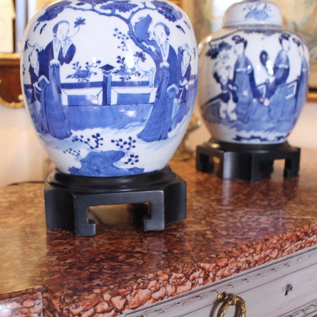 Pair of Chinese Blue and White Figural Decorated Ginger Jars Adapted Into Lamps For Sale - Image 6 of 12