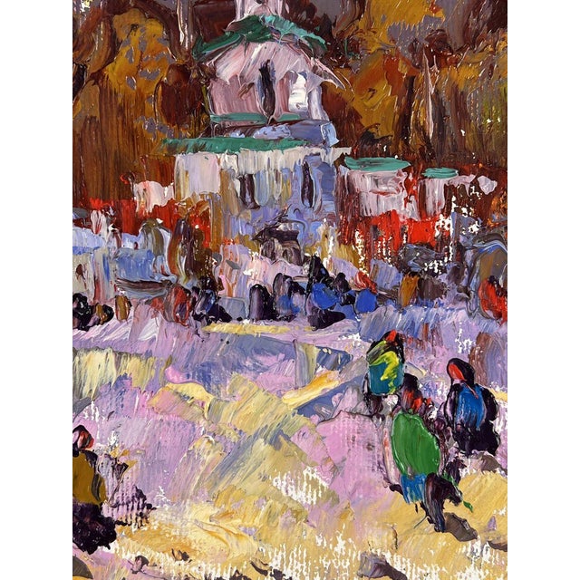 Textile Oil Painting Evening Arrival at Church Oleksiy Ivanyuk For Sale - Image 7 of 11