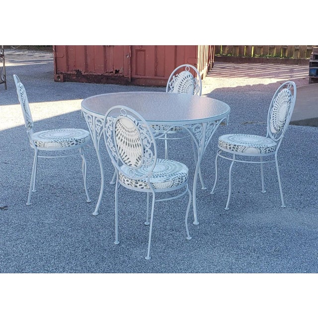 Ornate Wrought Iron Patio Table With Frosted Glass Top & 4 Chairs For Sale - Image 13 of 13