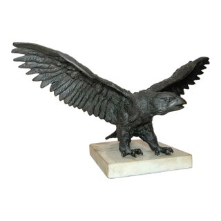 Antique Solid Bronze Marble Open Winged American Bald Eagle Statue Sculpture For Sale