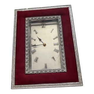 Decorative Mid-Century (1950’s) Italian-Styled, Crushed Diamonds & Red Velvet Framed, Silver Analog Shelf Clock For Sale