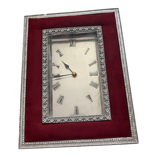 Decorative Mid-Century (1950’s) Italian-Styled, Crushed Diamonds & Red Velvet Framed, Silver Analog Shelf Clock For Sale