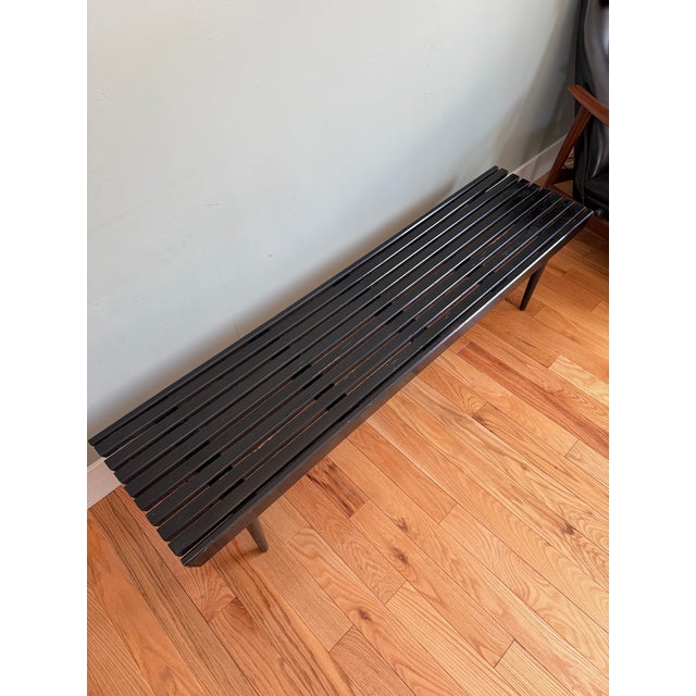 Mid-Century Modern 1960s MCM Vintage Black Slat Wood Bench For Sale - Image 3 of 8