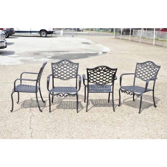 Tuscan Mediterranean Style Black Cast Aluminum Metal Garden Patio Dining Arm Chairs - Set of 4. Circa 21st Century, Pre-...