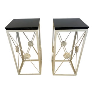 Hollywood Regency Black and White End Tables With Metal and Granite -a Pair For Sale