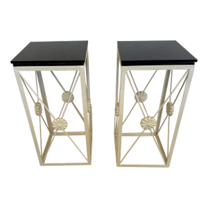 Hollywood Regency Black and White End Tables With Metal and Granite -a Pair