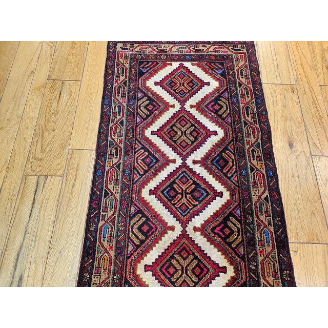 Vintage Persian Malayer Runner Rug, Hand-Knotted Wool, Geometric Pattern, 3x10, Ivory & Red For Sale - Image 9 of 15