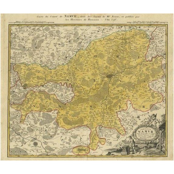 Mid 18th Century Antique Map of the Region of Namen by Homann, 1746 For Sale - Image 5 of 5