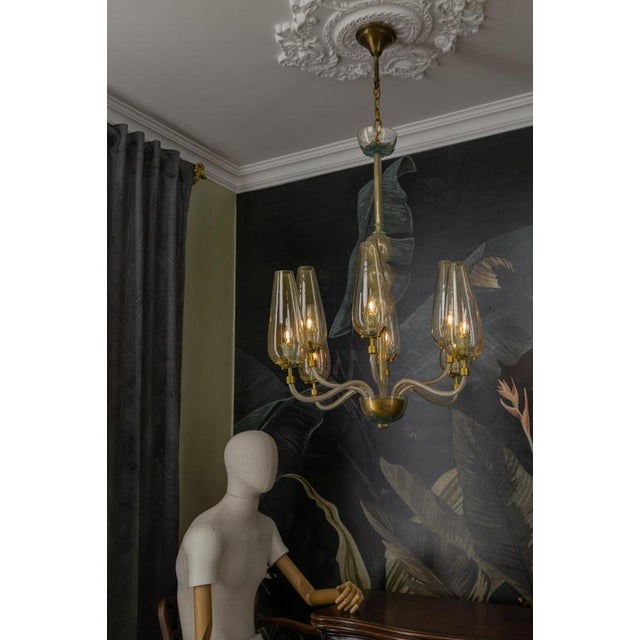 Gold Italian Murano Glass Eight-Light Chandelier with Golden Accents, 1970s For Sale - Image 8 of 18