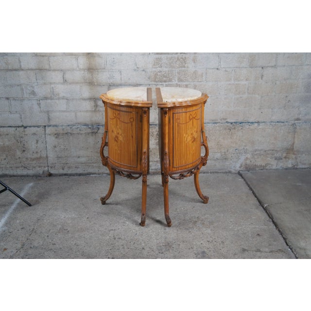 Late 19th Century Antique French Neoclassical Demilune Satinwood Marble Cabinet Side Tables - Set of 2 For Sale - Image 9 of 13