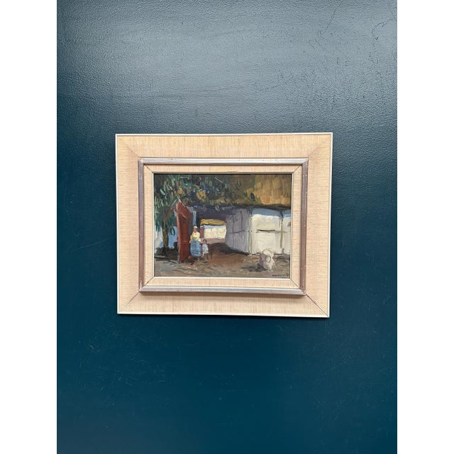 Axel Hamborn, Villagers in Courtyard, 1950s, Oil Painting on Panel, Framed For Sale - Image 15 of 18
