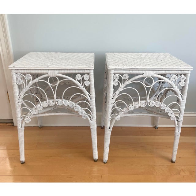 American Pair of Vintage Fiddle Head Wicker Side Tables For Sale - Image 3 of 11