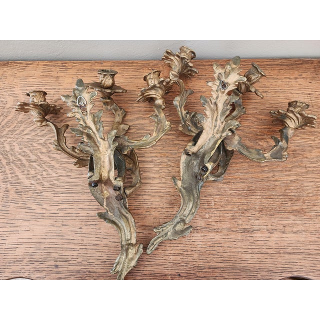 Antique Art Nouveau Pair Heavy Cast Gilt Brass 3 Light Wall Sconces With Aged Patina For Sale - Image 15 of 16