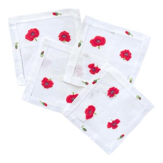Hand Embroidered Poppy Cocktail Napkins- Set of 4 For Sale