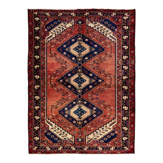 Vintage Handmade Persian Red Geometric Wool Rug 5'0" X 6'9" For Sale