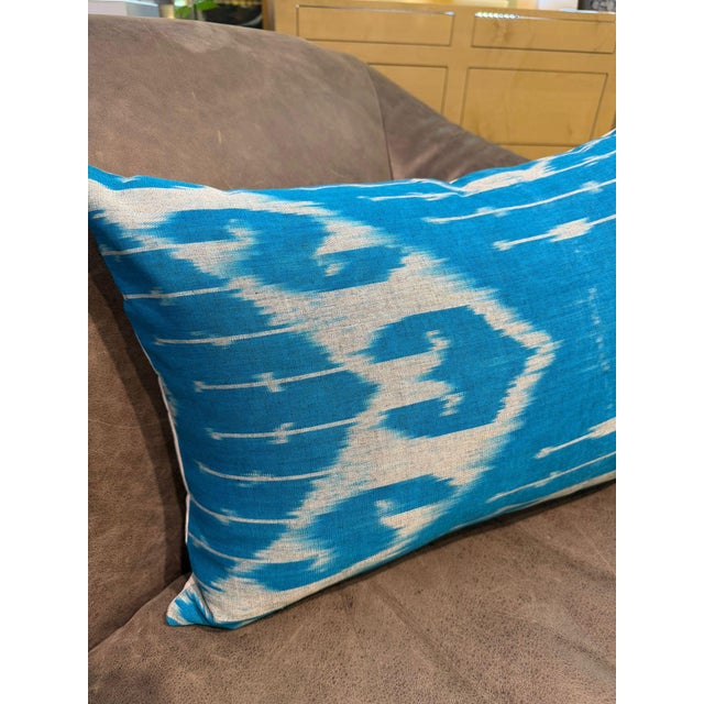 Sky Blue 1990s Handwoven Silk Ikat Lumbar Cushion Cover For Sale - Image 8 of 10