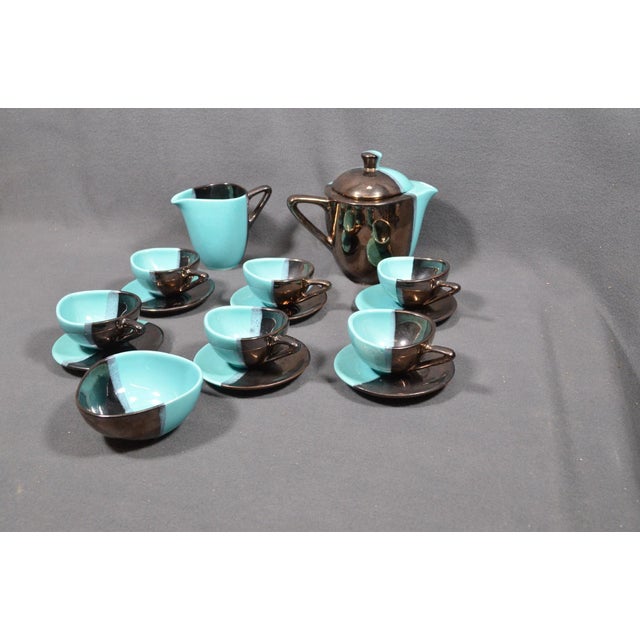 1960s Mid 20th Century Vallauris – Black and Turquoise Blue Faience Coffee Set - 15 pcs For Sale - Image 5 of 18