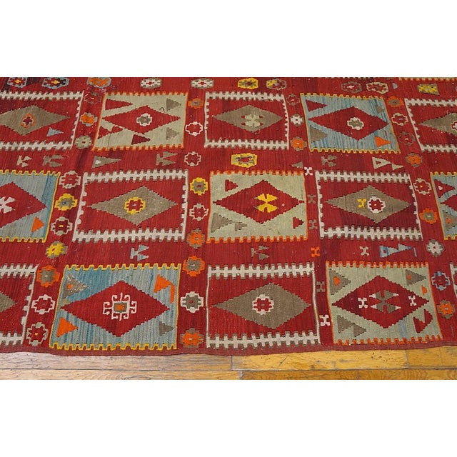Tribal 1900s Red Diamond Tribal Antique Turkish Oushak Flat-Weave Rug 6'6" X 11' Wool Carpet For Sale - Image 3 of 6