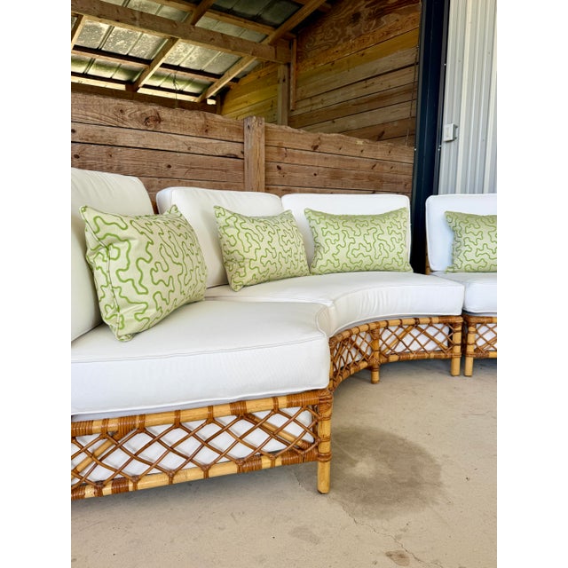 Mid-Century Rattan Three-Piece Curved Sectional Sofa With New Sunbrella For Sale In Naples, FL - Image 6 of 12